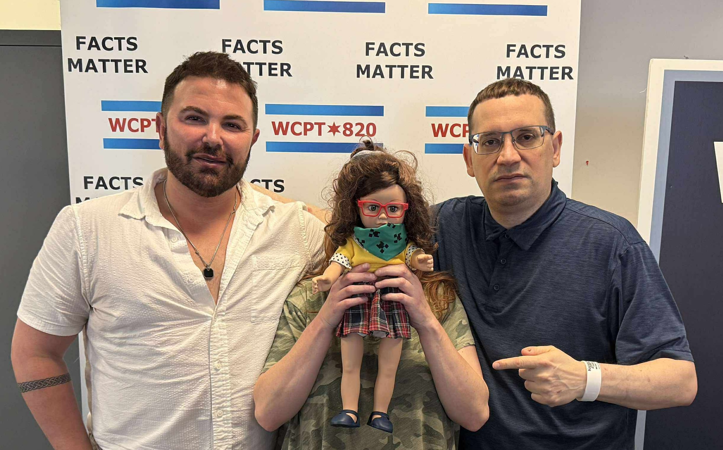 Mario J. Bell, Libby, and Jason Rosenberg with puppet character at WCPT 820 AM studio